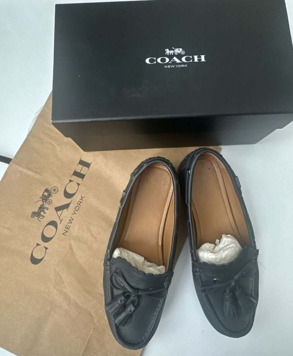 COACH Olympia Tassel Pebbled Leather Driving Loafers in Midnight Navy